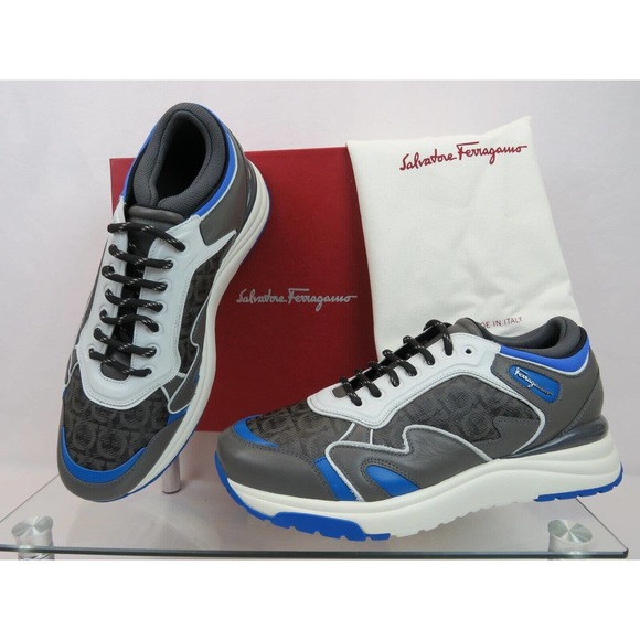 $795 FERRAGAMO THUNDERNOW GRAY BLUE WHITE LEATHER GANCINI SNEAKERS 8.5 ITALY main image 13
